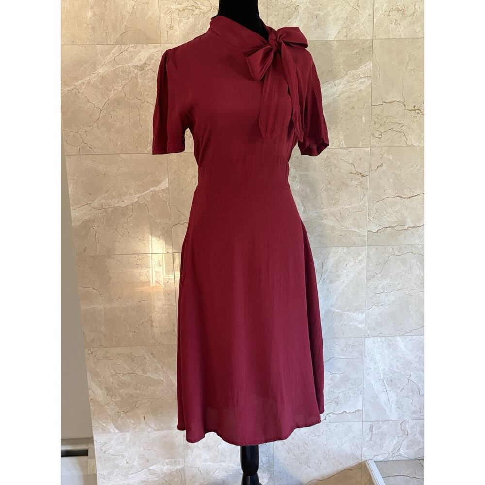 Burgundy 1940s Bow-Tie Neck Midi Dress, Retro Vintage Seamstress of Bloomsbury - Picture 6 of 10